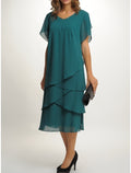 Sheath / Column Mother of the Bride Dress Wedding Guest Party Simple Elegant Scoop Neck Tea Length Short Sleeve with Tier