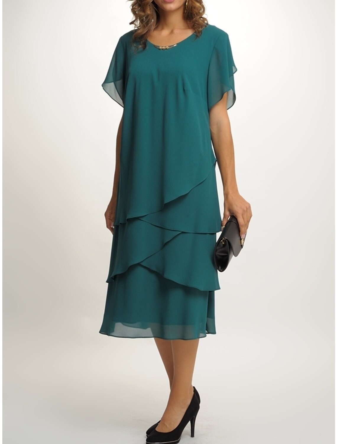 Sheath / Column Mother of the Bride Dress Wedding Guest Party Simple Elegant Scoop Neck Tea Length Short Sleeve with Tier