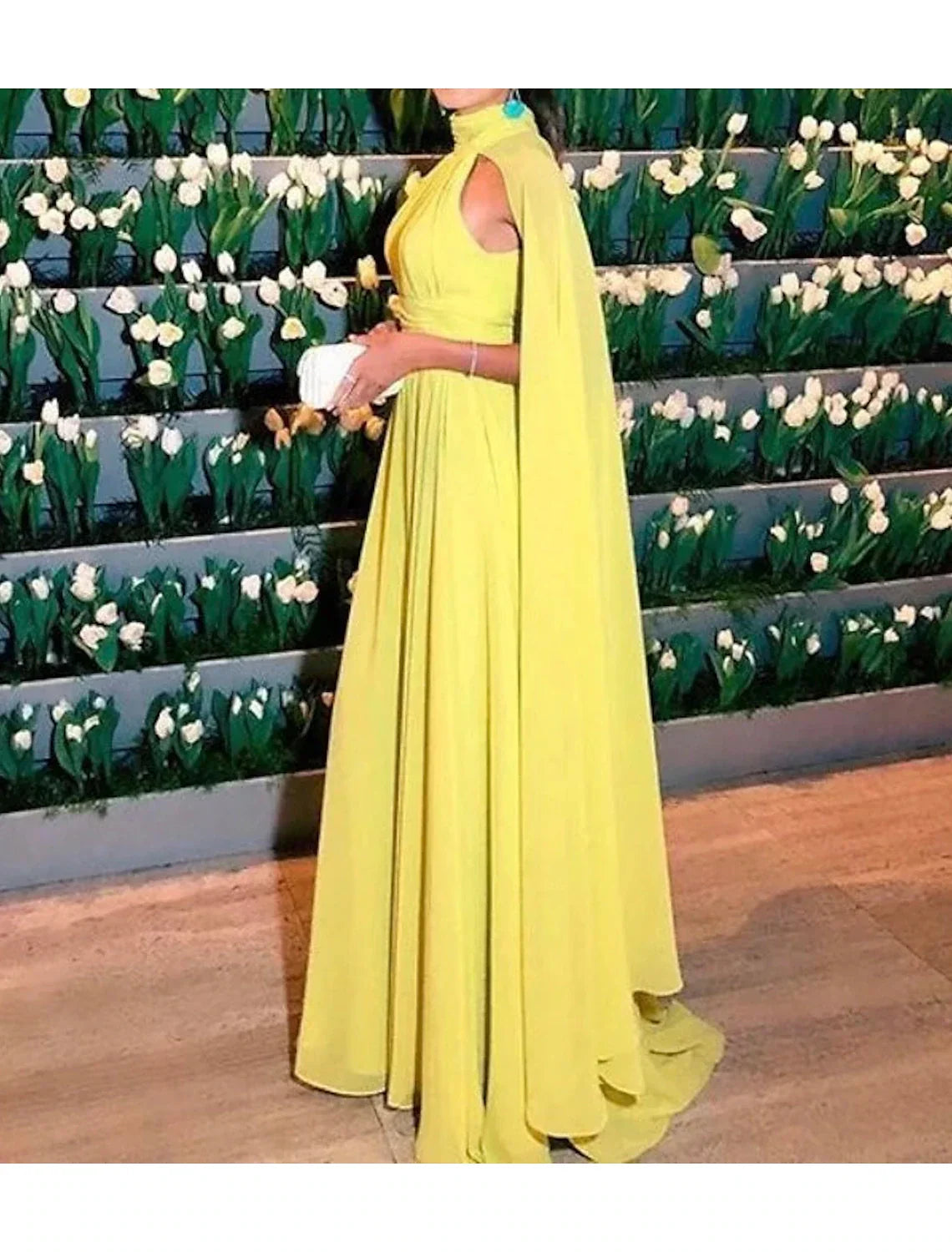 Evening Gown Maxi Dress Formal Wedding Guest Floor Length Sleeveless High Neck Capes with Ruched