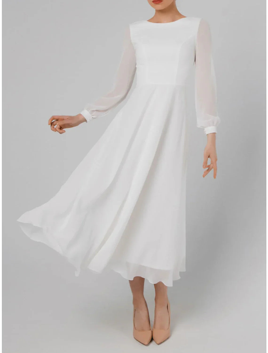 White Cocktail Dresses Little Dresses Dress Wedding Reception Tea Length Long Sleeve Jewel Neck Fall Wedding Guest V Back with Ruffles