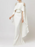 Mermaid / Trumpet Evening Gown Maxi Dress Formal Wedding Guest Floor Length Sleeveless Jewel Neck Capes with Appliques
