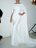 Mermaid Party Dress Evening Gown Maxi Dress Formal Wedding Guest Floor Length Sleeveless Jewel Neck Capes with Shawl