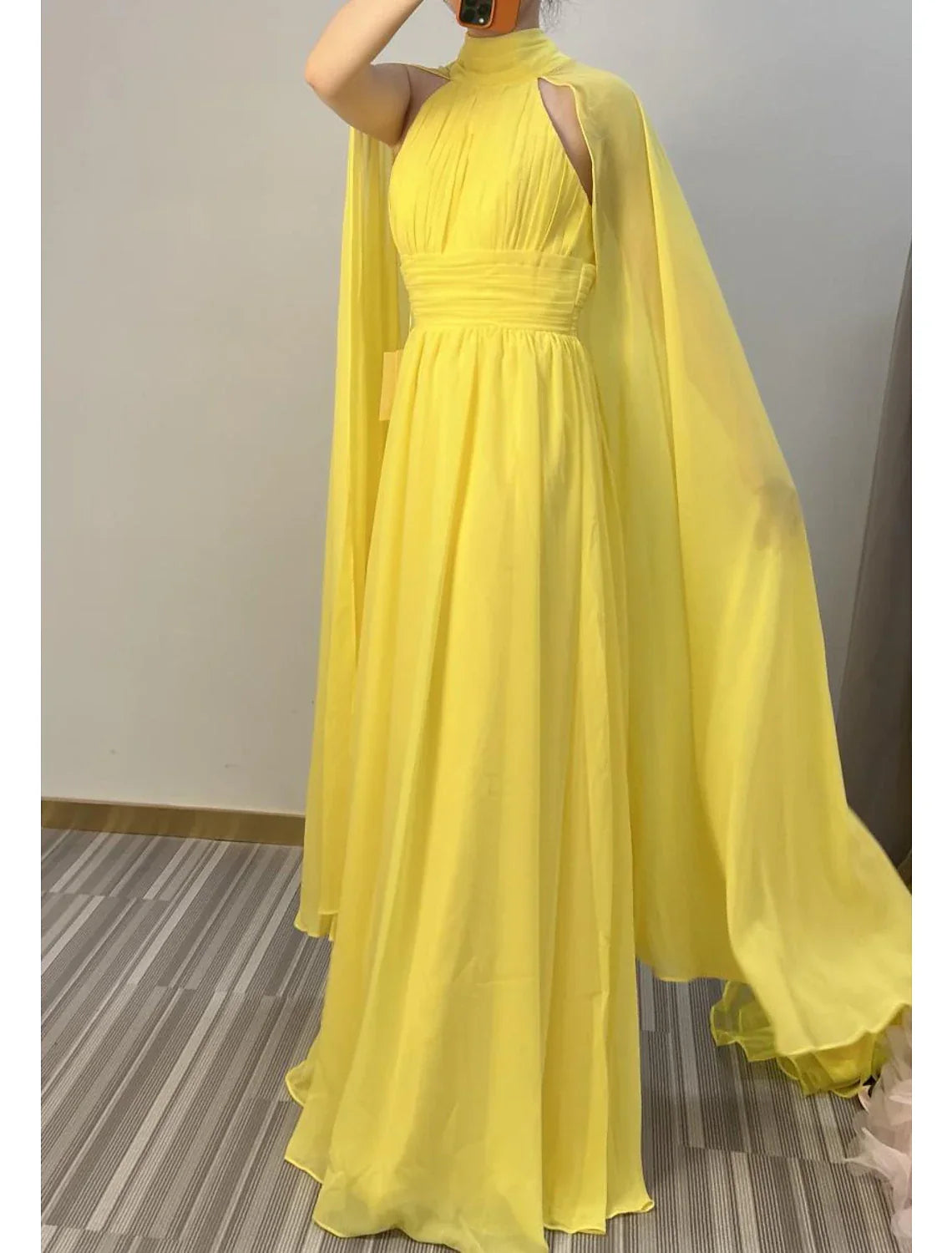 Evening Gown Maxi Dress Formal Wedding Guest Floor Length Sleeveless High Neck Capes with Ruched