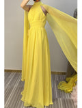 Evening Gown Maxi Dress Formal Wedding Guest Floor Length Sleeveless High Neck Capes with Ruched