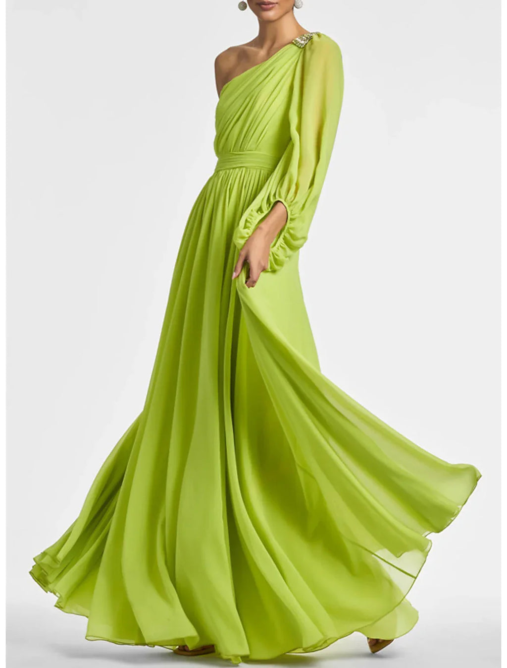 Evening Gown Elegant Dress Formal Wedding Party Floor Length Long Sleeve One Shoulder Fall Wedding Guest with Ruched