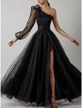 Black Sheath Prom Dress Elegant Dress Plus Size Evening Birthday Floor Length Long Sleeve One Shoulder with Pleats Ruffles
