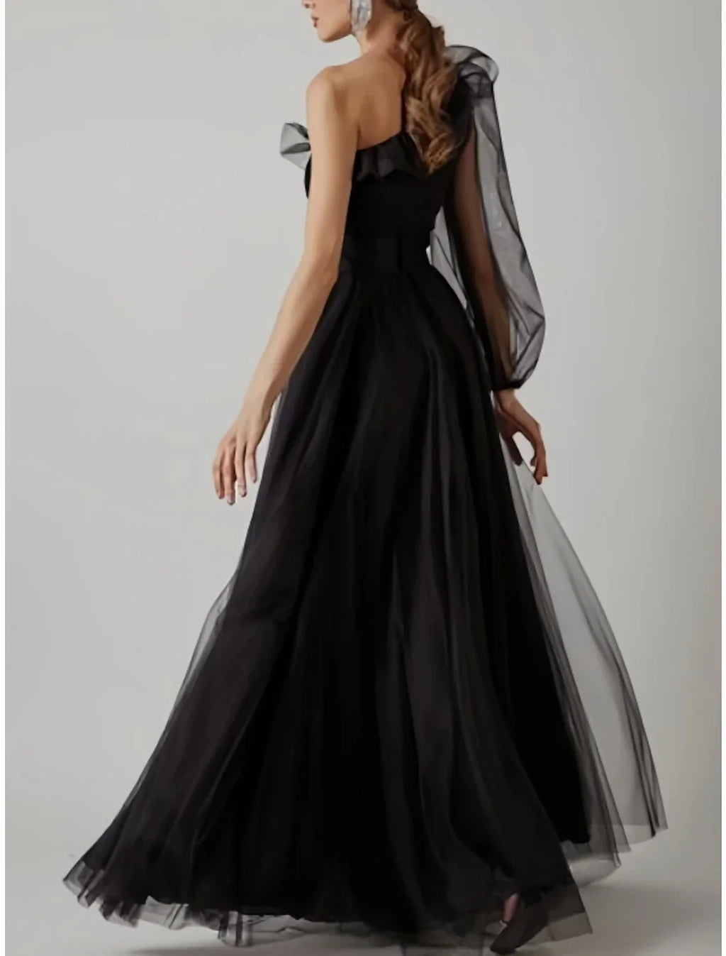 Black Sheath Prom Dress Elegant Dress Plus Size Evening Birthday Floor Length Long Sleeve One Shoulder with Pleats Ruffles