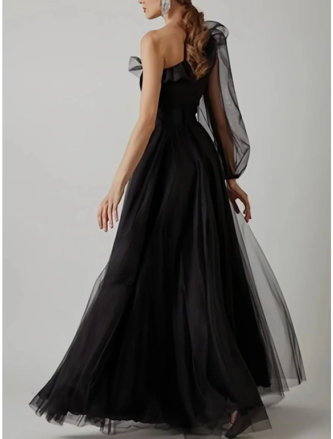 Black Sheath Prom Dress Elegant Dress Plus Size Evening Birthday Floor Length Long Sleeve One Shoulder with Pleats Ruffles