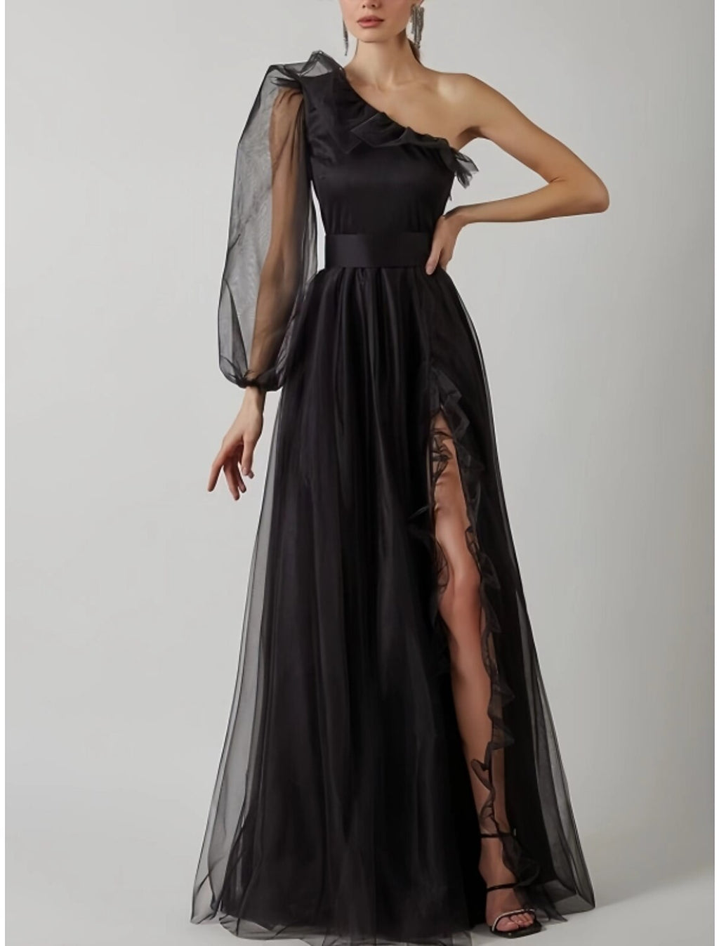 Black Sheath Prom Dress Elegant Dress Plus Size Evening Birthday Floor Length Long Sleeve One Shoulder with Pleats Ruffles