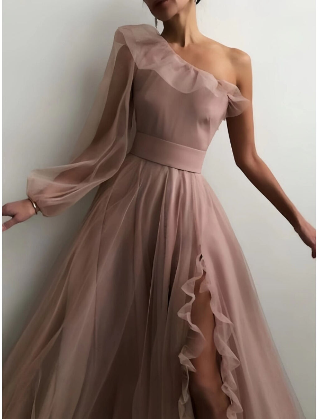Black Sheath Prom Dress Elegant Dress Plus Size Evening Birthday Floor Length Long Sleeve One Shoulder with Pleats Ruffles