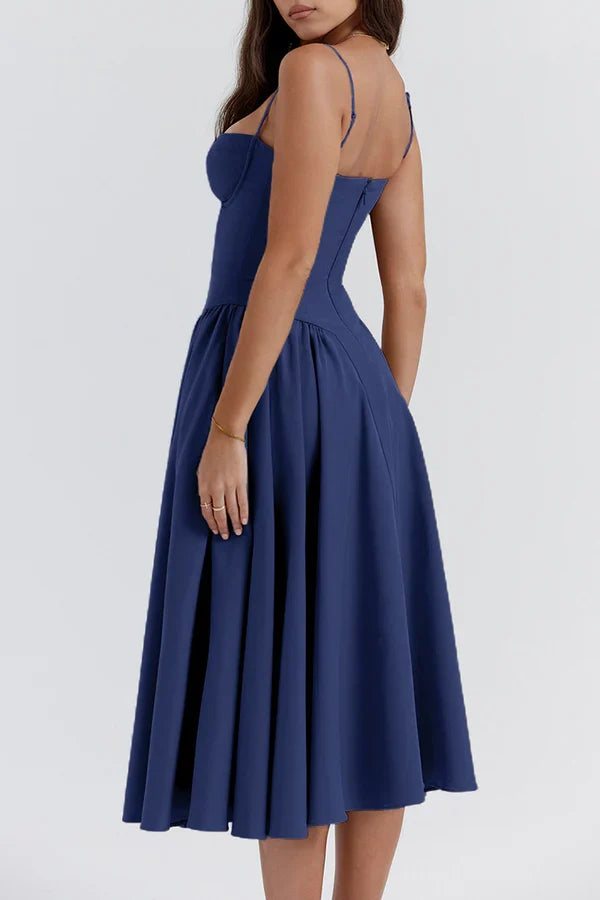 Navy Blue Spaghetti Strap Bustier A-Line Midi Evening Dress