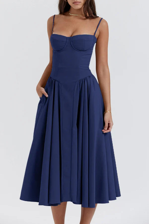 Navy Blue Spaghetti Strap Bustier A-Line Midi Evening Dress
