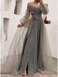 Sheath / Column Prom Dresses Princess Dress Wedding Party Sweep / Brush Train Long Sleeve Off Shoulder Belt / Sash with Bow(s) Pleats