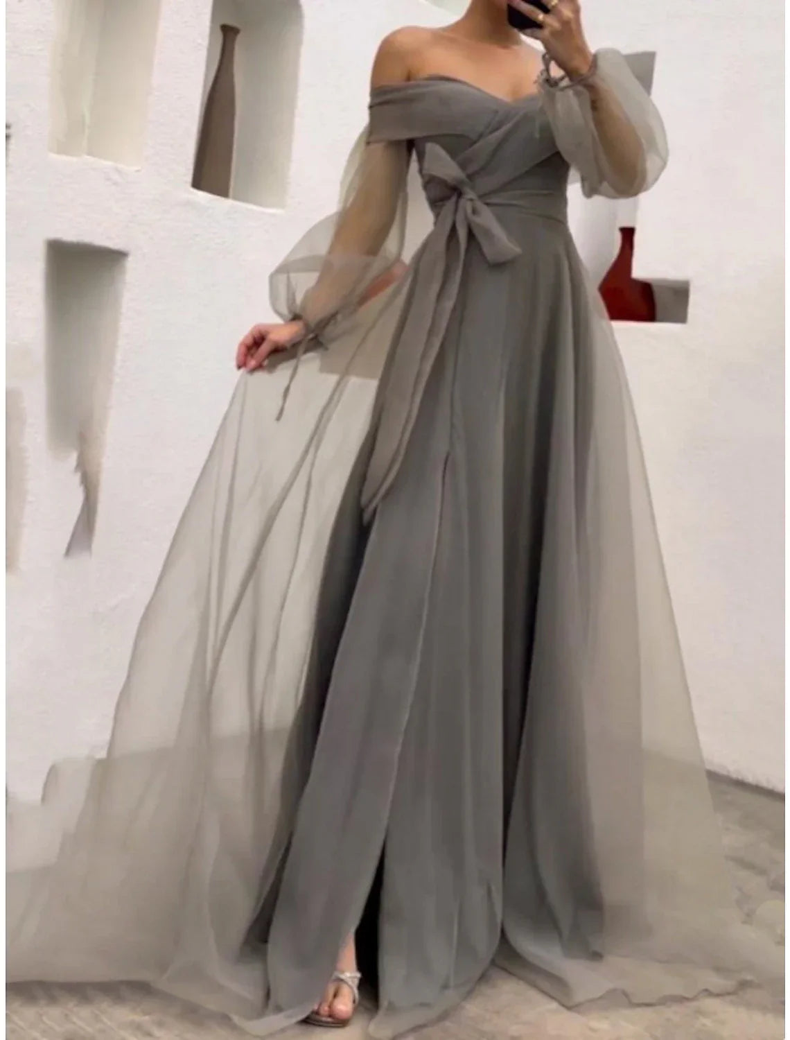 Sheath / Column Prom Dresses Princess Dress Wedding Party Sweep / Brush Train Long Sleeve Off Shoulder Belt / Sash with Bow(s) Pleats