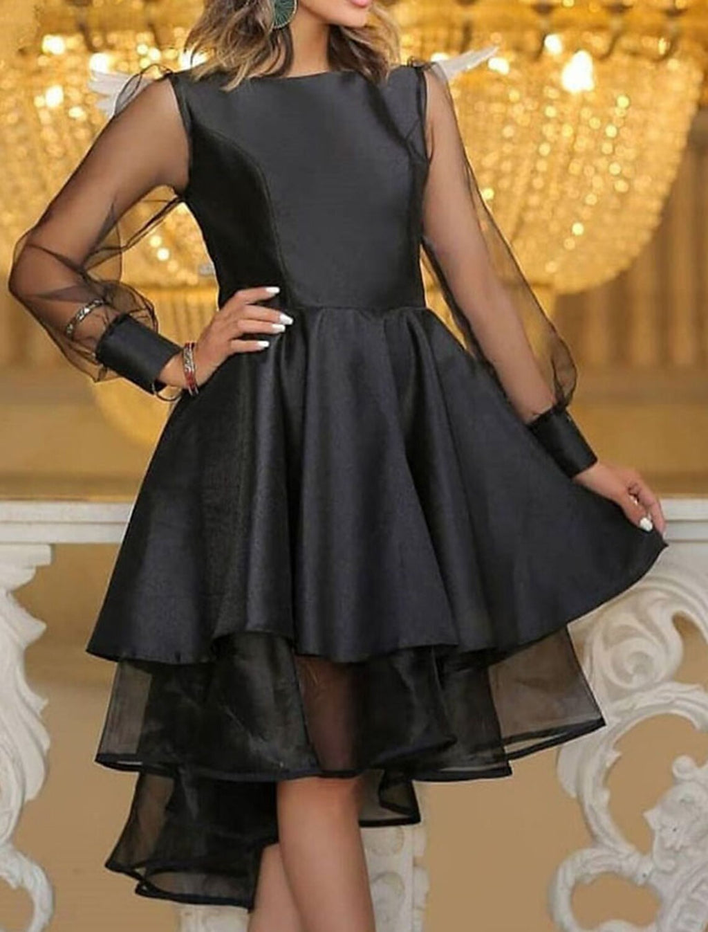 Black Ball Gown Prom Dresses Party Dress Prom Tie Gala Tea Length Long Sleeve Off Shoulder Belt / Sash Backless with Ruched