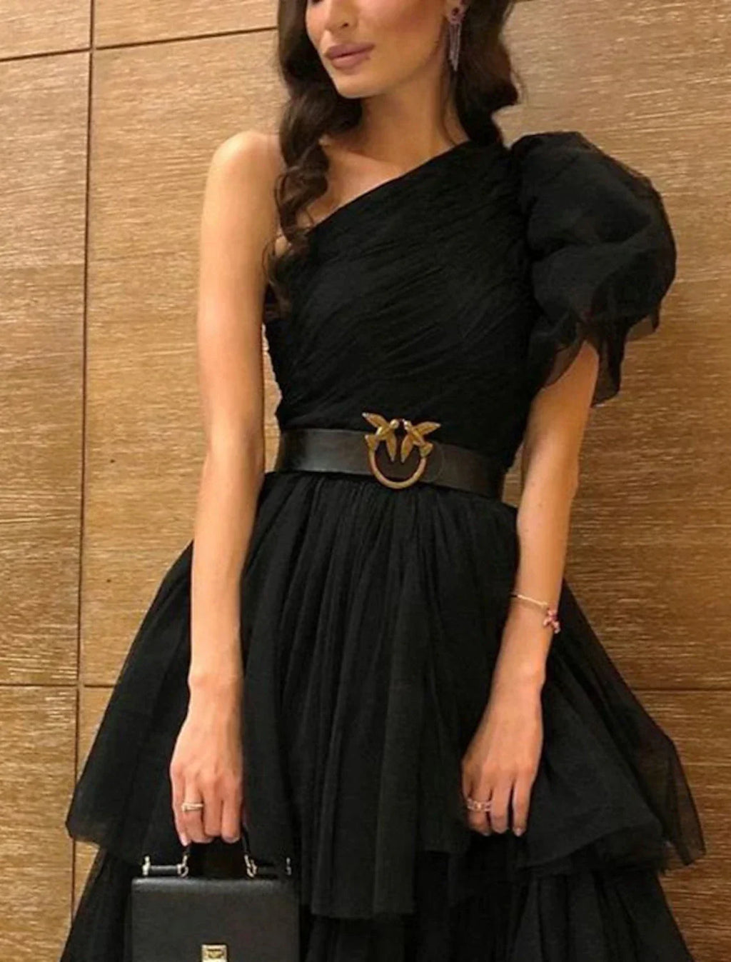 Black Evening Dress Dress Plus Size Tiered Plisse Dress Masquerade Prom Floor Length Sleeveless One Shoulder Gothic with Slit