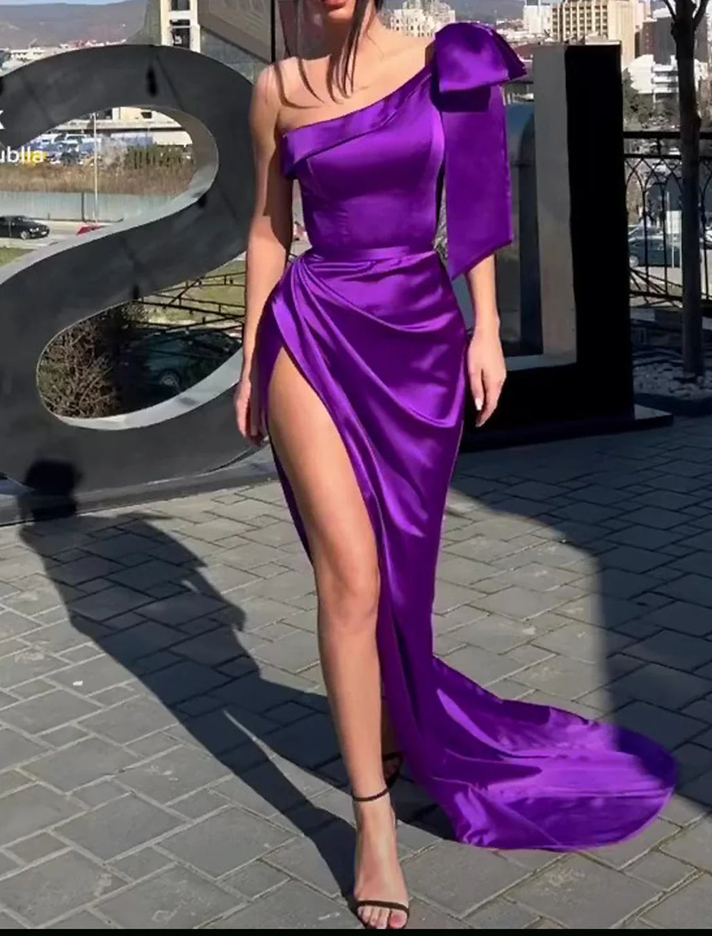 Mermaid / Trumpet Evening Gown High Split Dress Formal Prom Sweep / Brush Train Sleeveless One Shoulder with Bow(s)