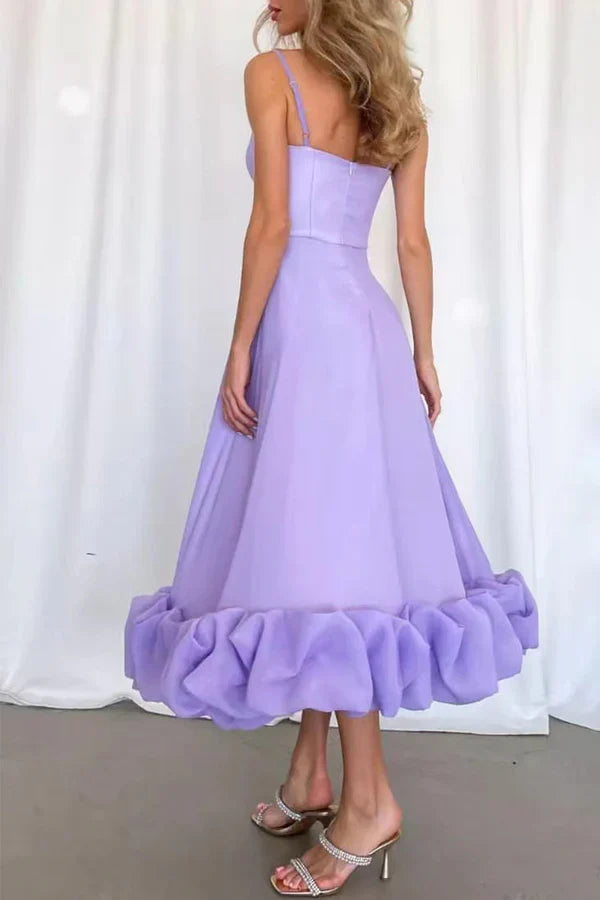 Lavender Spaghetti Strap Straight Neck Voluminous Ruffle Hem Midi Evening Dress