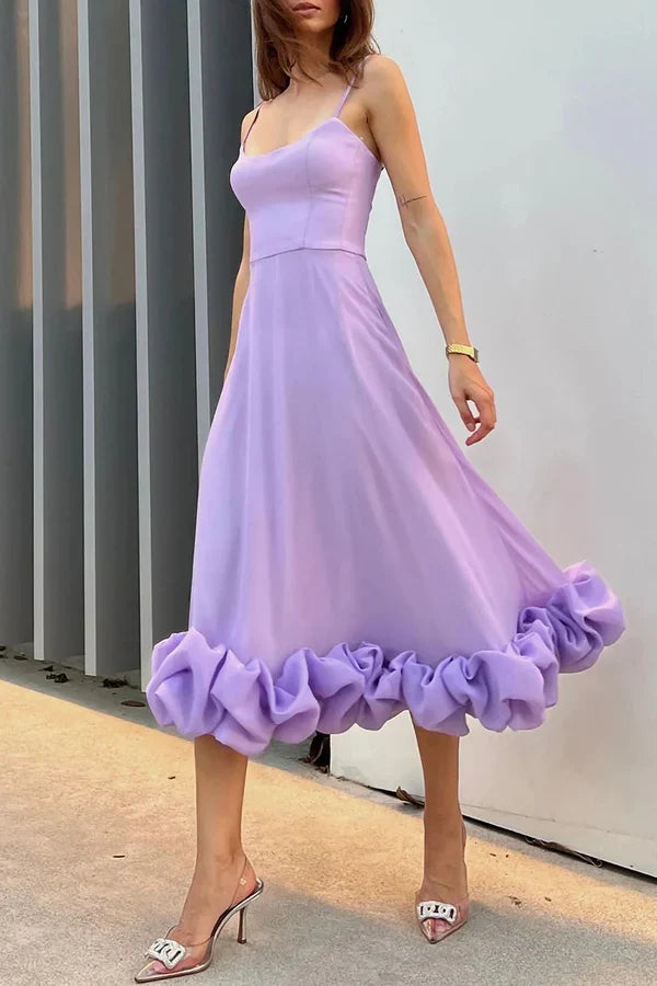 Lavender Spaghetti Strap Straight Neck Voluminous Ruffle Hem Midi Evening Dress