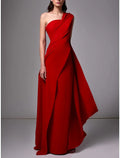 Green Sheath / Column Evening Gown Christmas Red Dress Elegant Dress Formal Sweep / Brush Train Sleeveless One Shoulder with Pleats Ruched