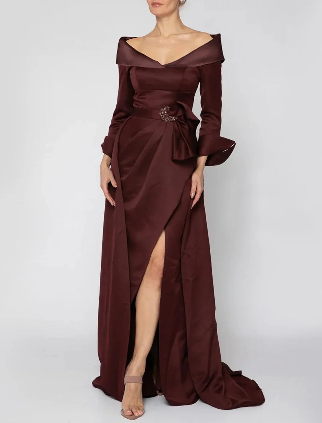Mother of the Bride Dress Formal Wedding Guest Party Elegant Off Shoulder Sweep / Brush Train Long Sleeve with Split Front Crystal Brooch Ruching