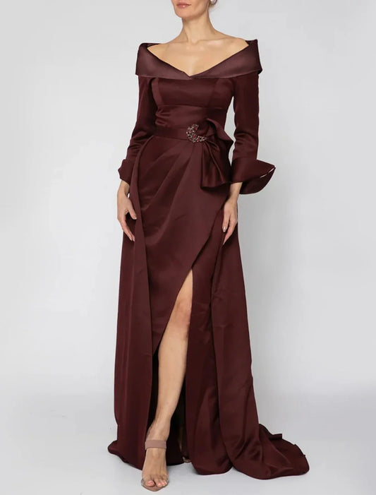 Luxurious Red Slit A-Line Classic-Neck Long-Sleeve Classic-Back Floor-Length Mother-of-the-Bride Dress