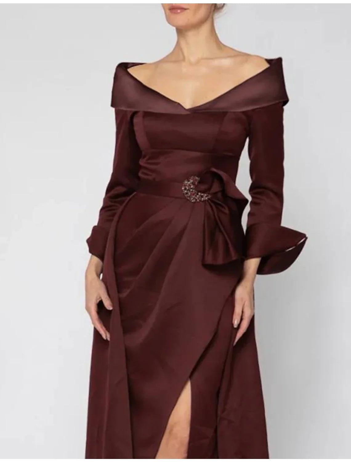 Mother of the Bride Dress Formal Wedding Guest Party Elegant Off Shoulder Sweep / Brush Train Long Sleeve with Split Front Crystal Brooch Ruching