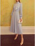 Mother of the Bride Dress Wedding Guest Elegant Petite High Neck Tea Length Long Sleeve with Ruffles Ruching