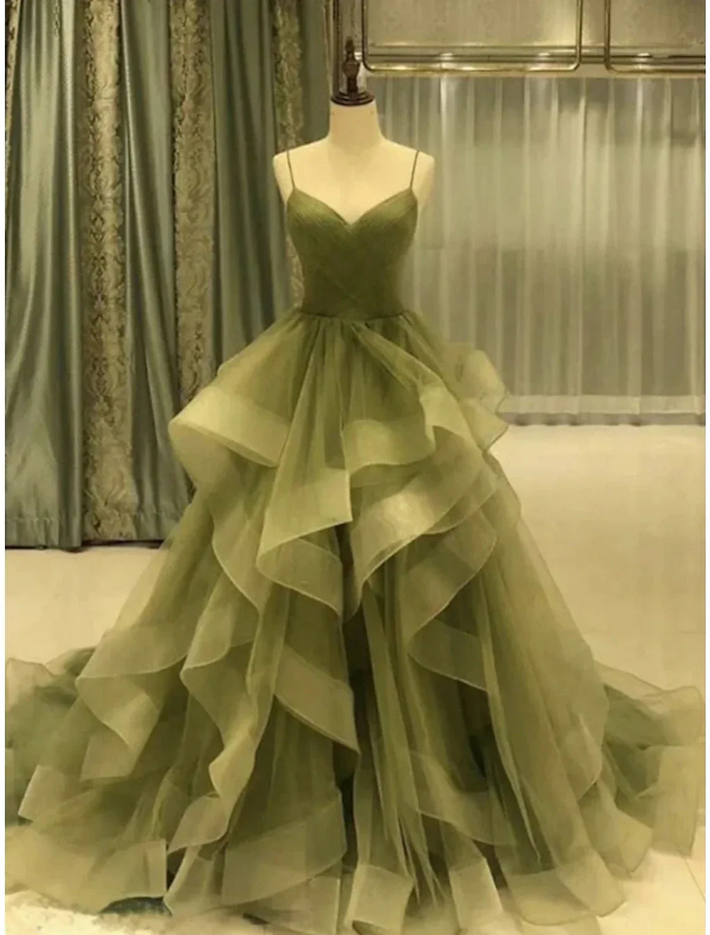 Green Formal Court Train Christmas Red Dress Sleeveless Spaghetti Strap with Pleats Ruffles