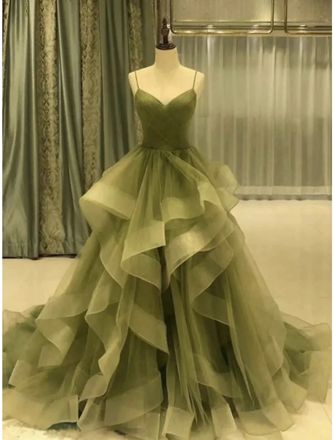 Green Formal Court Train Christmas Red Dress Sleeveless Spaghetti Strap with Pleats Ruffles