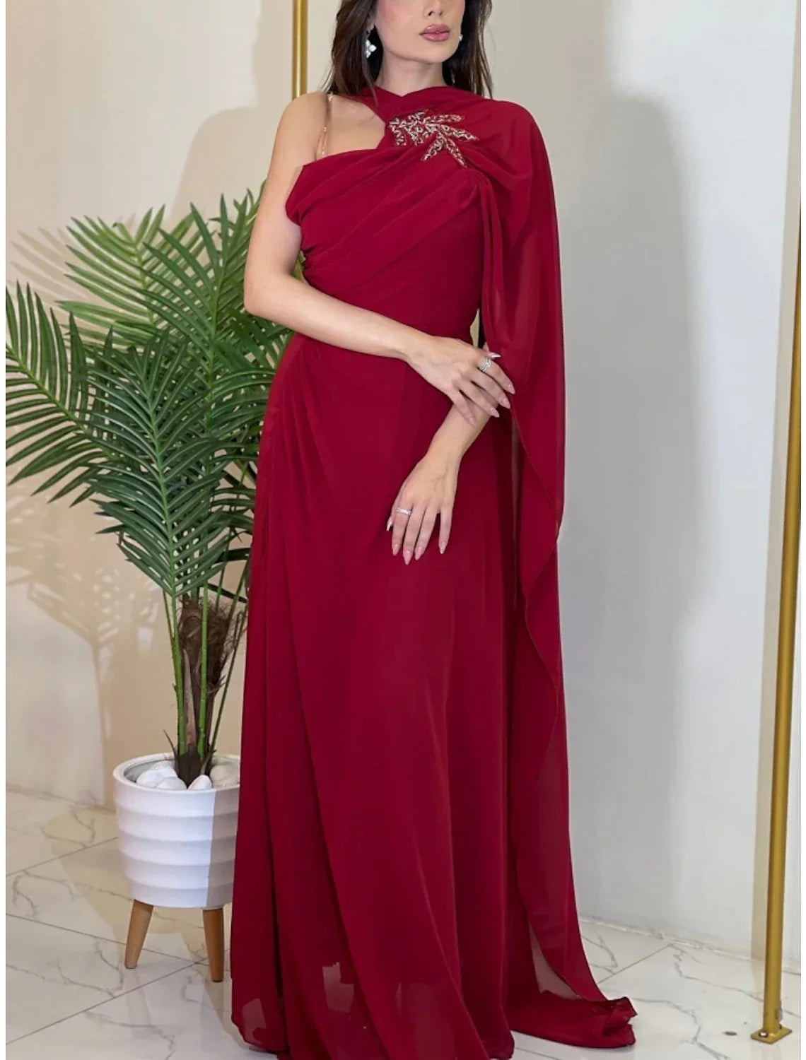 Green Evening Gown Elegant Dress Formal Sweep / Brush Train Christmas Red Dress Sleeveless Halter Neck with Pleats Ruched Shouder Flower
