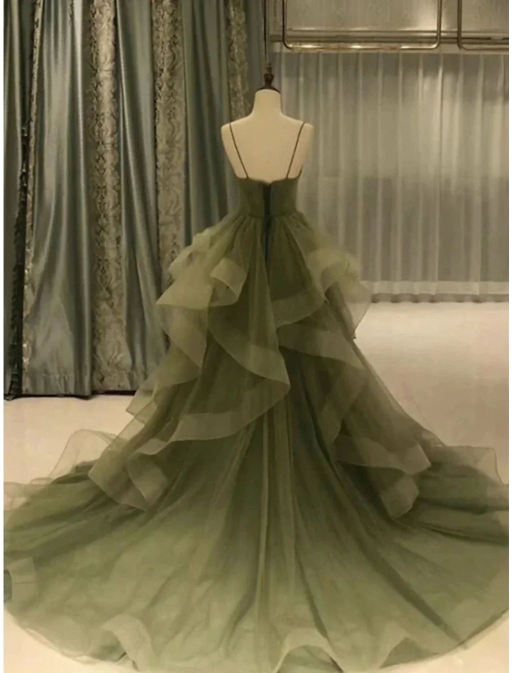 Green Formal Court Train Christmas Red Dress Sleeveless Spaghetti Strap with Pleats Ruffles