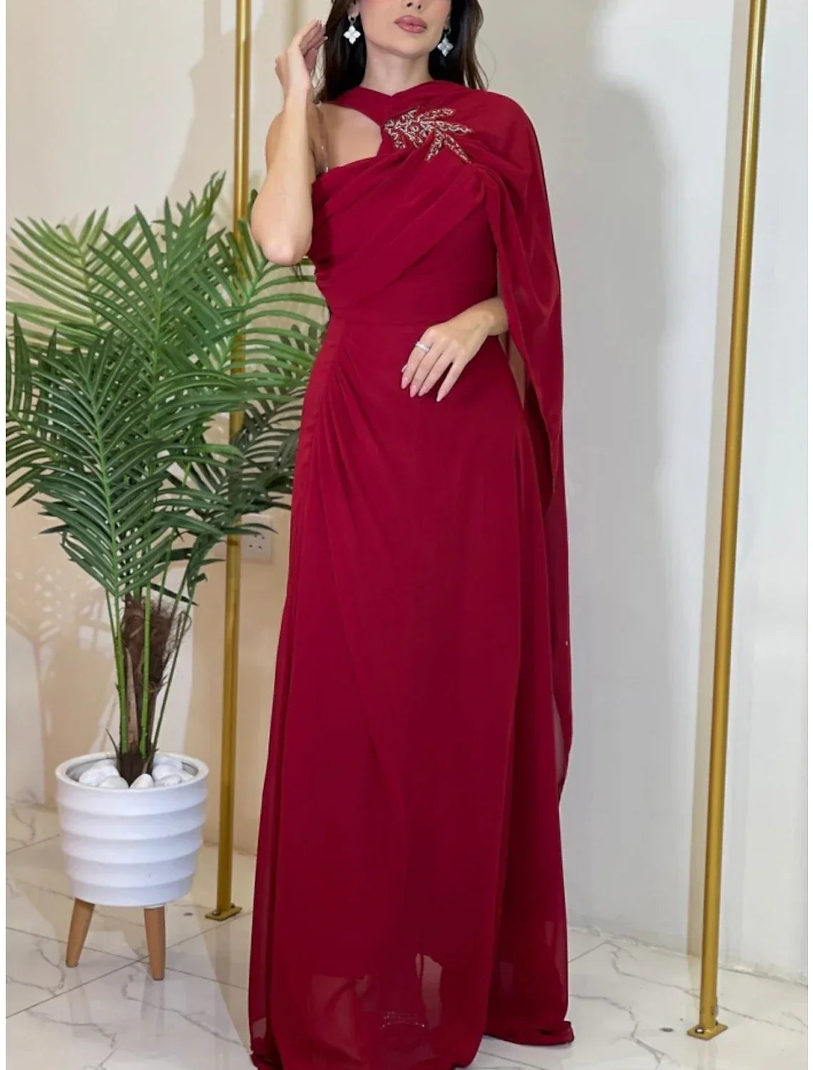 Green Evening Gown Elegant Dress Formal Sweep / Brush Train Christmas Red Dress Sleeveless Halter Neck with Pleats Ruched Shouder Flower