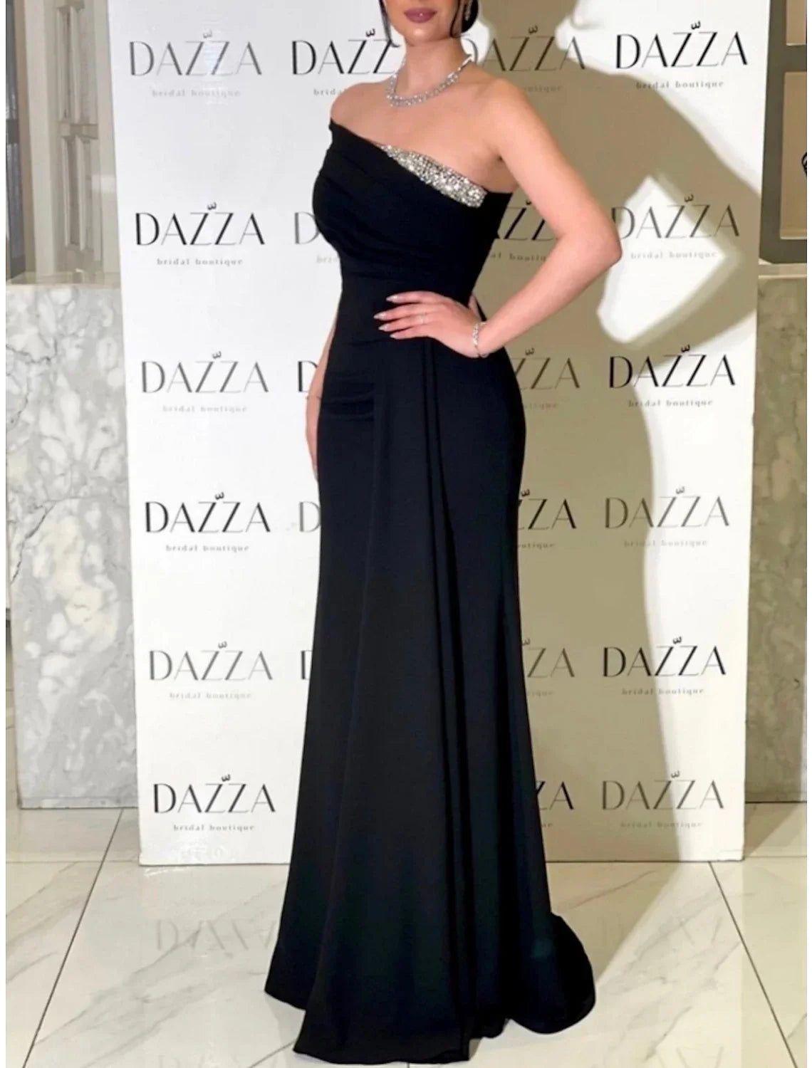 Black Sheath / Column Evening Gown Elegant Dress Formal Sweep / Brush Train Dress Sleeveless One Shoulder with Pleats