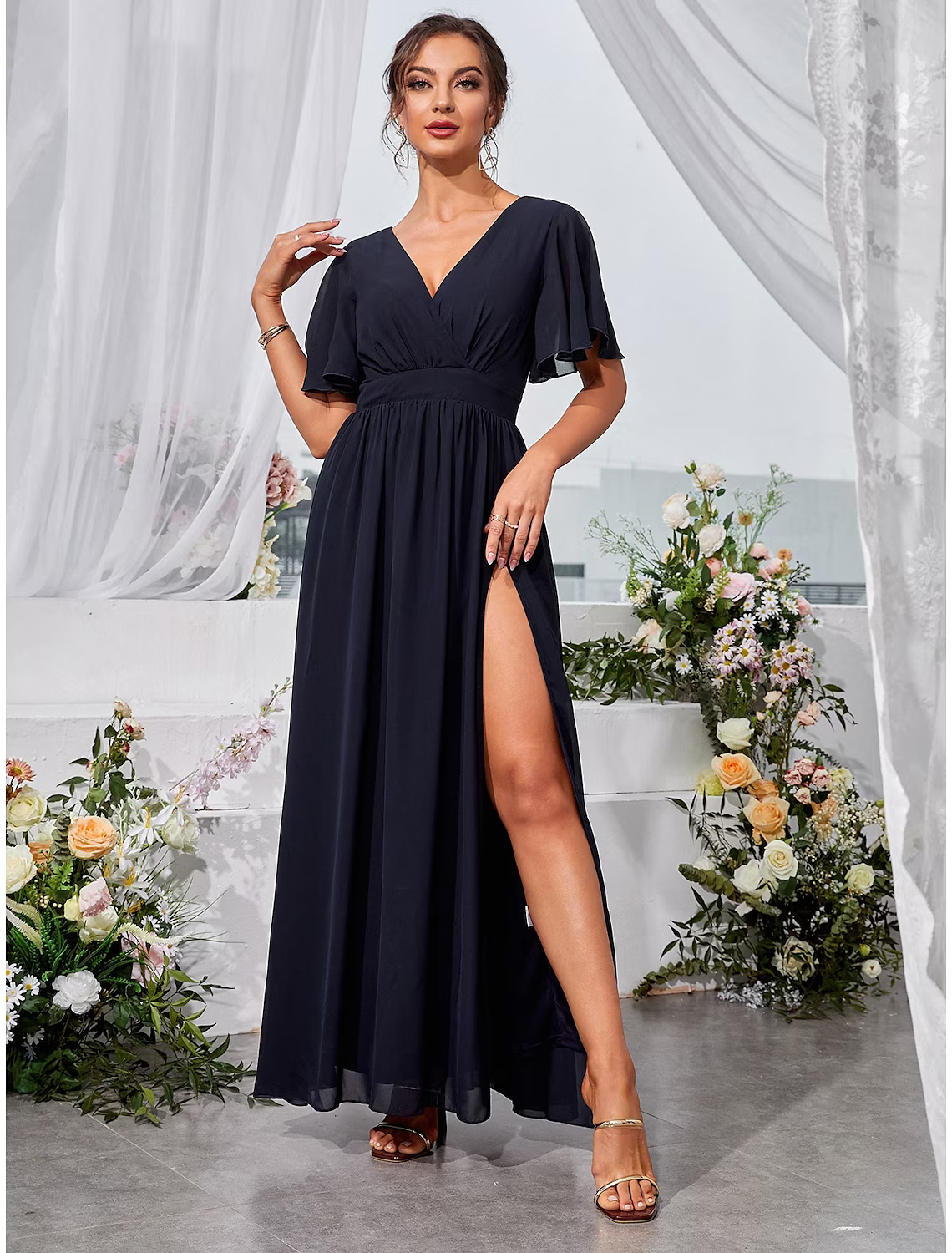 Wedding Guest Dresses Elegant Dress Holiday Floor Length Short Sleeve V Neck Backless with Slit