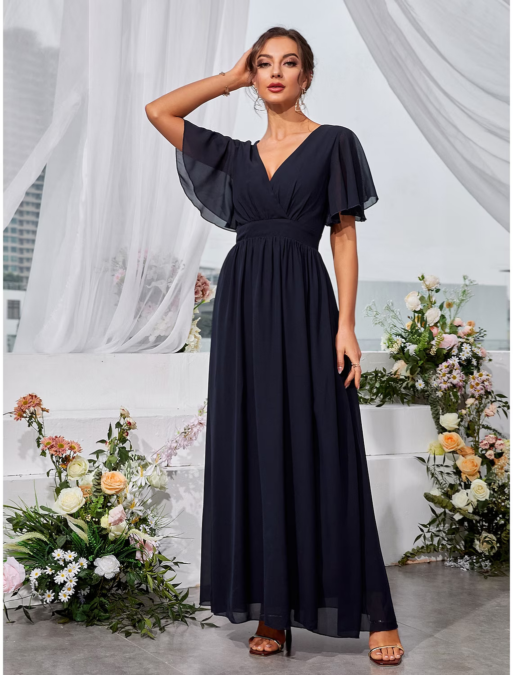 Wedding Guest Dresses Elegant Dress Holiday Floor Length Short Sleeve V Neck Backless with Slit