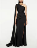 Black Evening Gown Elegant Dress Formal Sweep / Brush Train Dress Sleeveless One Shoulder Imitation with Pleats Ruched
