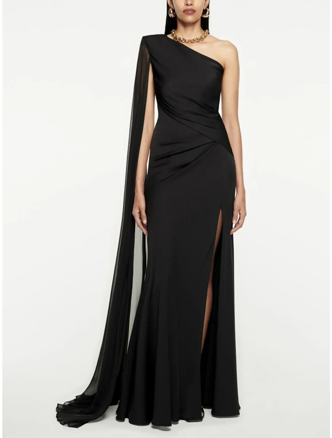 Black Evening Gown Elegant Dress Formal Sweep / Brush Train Dress Sleeveless One Shoulder Imitation with Pleats Ruched