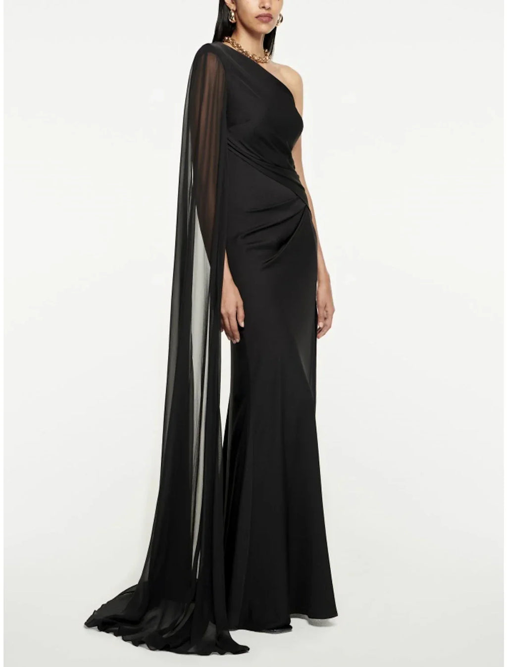 Black Evening Gown Elegant Dress Formal Sweep / Brush Train Dress Sleeveless One Shoulder Imitation with Pleats Ruched