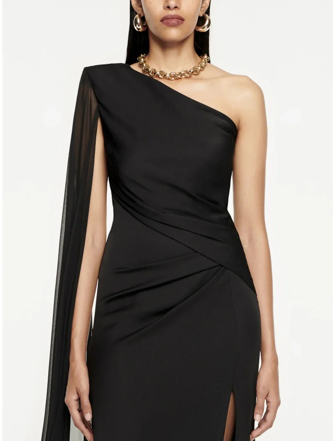 Black Evening Gown Elegant Dress Formal Sweep / Brush Train Dress Sleeveless One Shoulder Imitation with Pleats Ruched