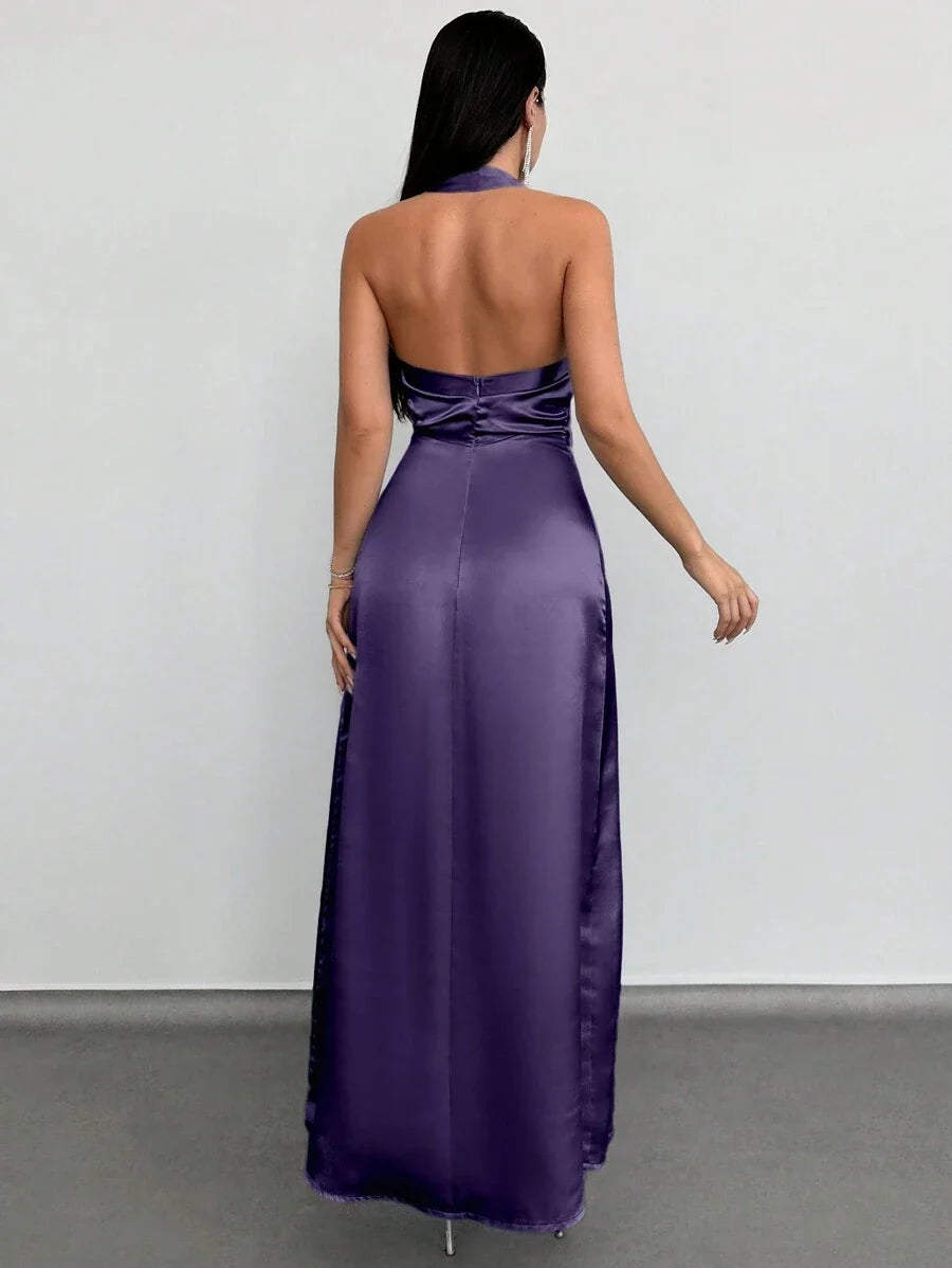 Purple Luxury Mauve Sheath Halter Neck Sleeveless Open-Back Back Zip Floor-Length Prom Dress