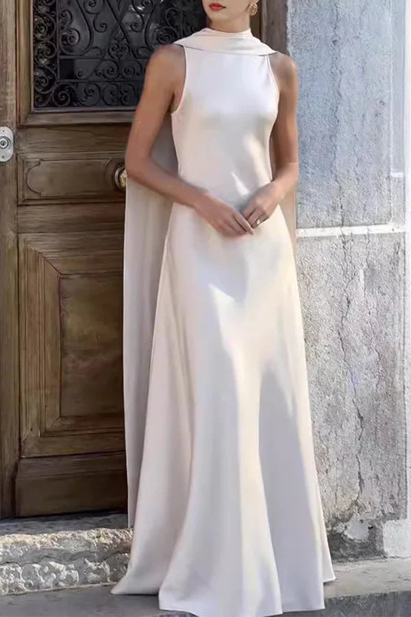 Ivory Sleeveless High Neck Cape Back Wide Leg Jumpsuit Evening Dress
