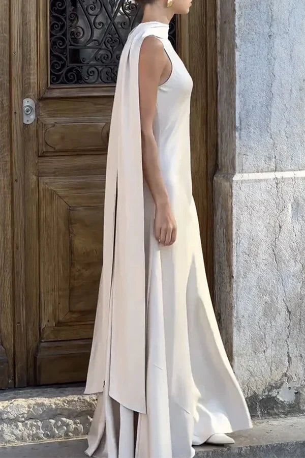 Ivory Sleeveless High Neck Cape Back Wide Leg Jumpsuit Evening Dress