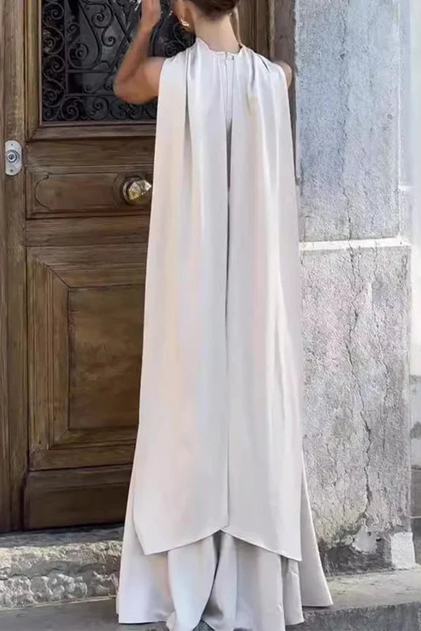 Ivory Sleeveless High Neck Cape Back Wide Leg Jumpsuit Evening Dress