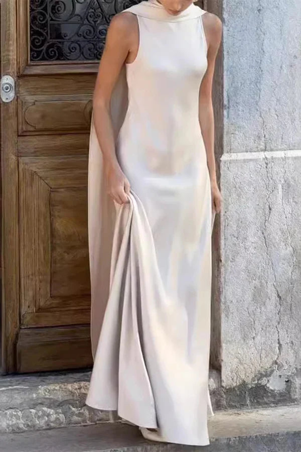 Ivory Sleeveless High Neck Cape Back Wide Leg Jumpsuit Evening Dress