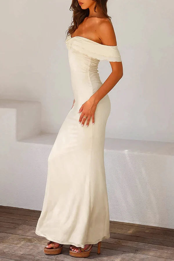 Cream Off-The-Shoulder Ruffled Twist Bust Mermaid Floor-Length Evening Dress