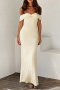 Cream Off-The-Shoulder Ruffled Twist Bust Mermaid Floor-Length Evening Dress