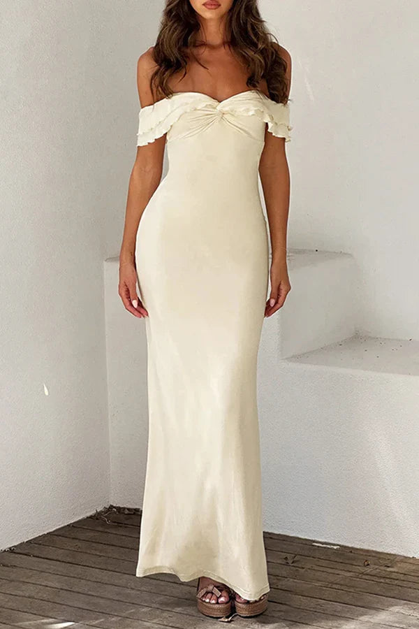 Cream Off-The-Shoulder Ruffled Twist Bust Mermaid Floor-Length Evening Dress