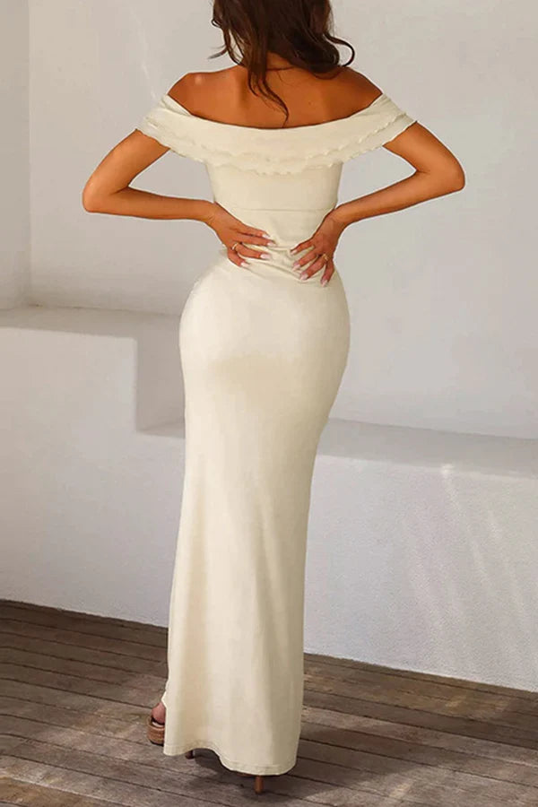 Cream Off-The-Shoulder Ruffled Twist Bust Mermaid Floor-Length Evening Dress