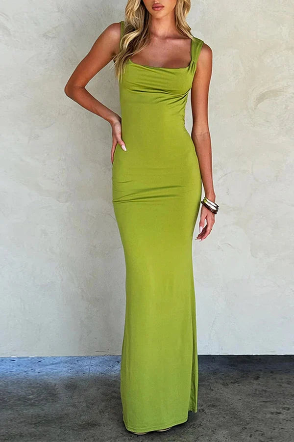 Lime Green Wide Strap Cowl Neck Open Back Mermaid Floor-Length Evening Dress